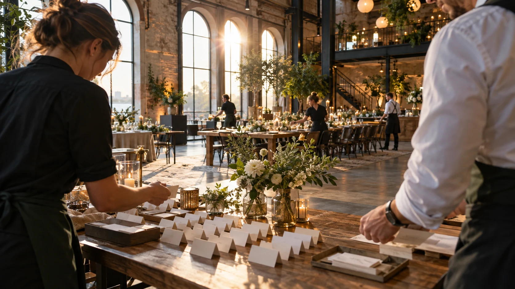 Een eventteam bereidt een diner voor in een lichte locatie met grote ramen