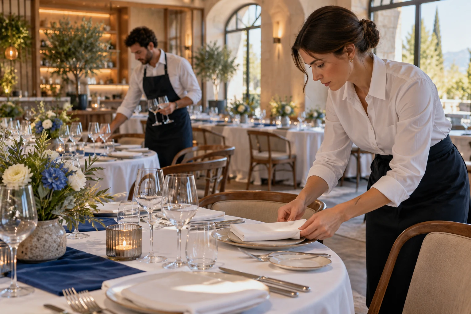 Een team bereidt een gedekte tafel voor een verzorgd diner voor